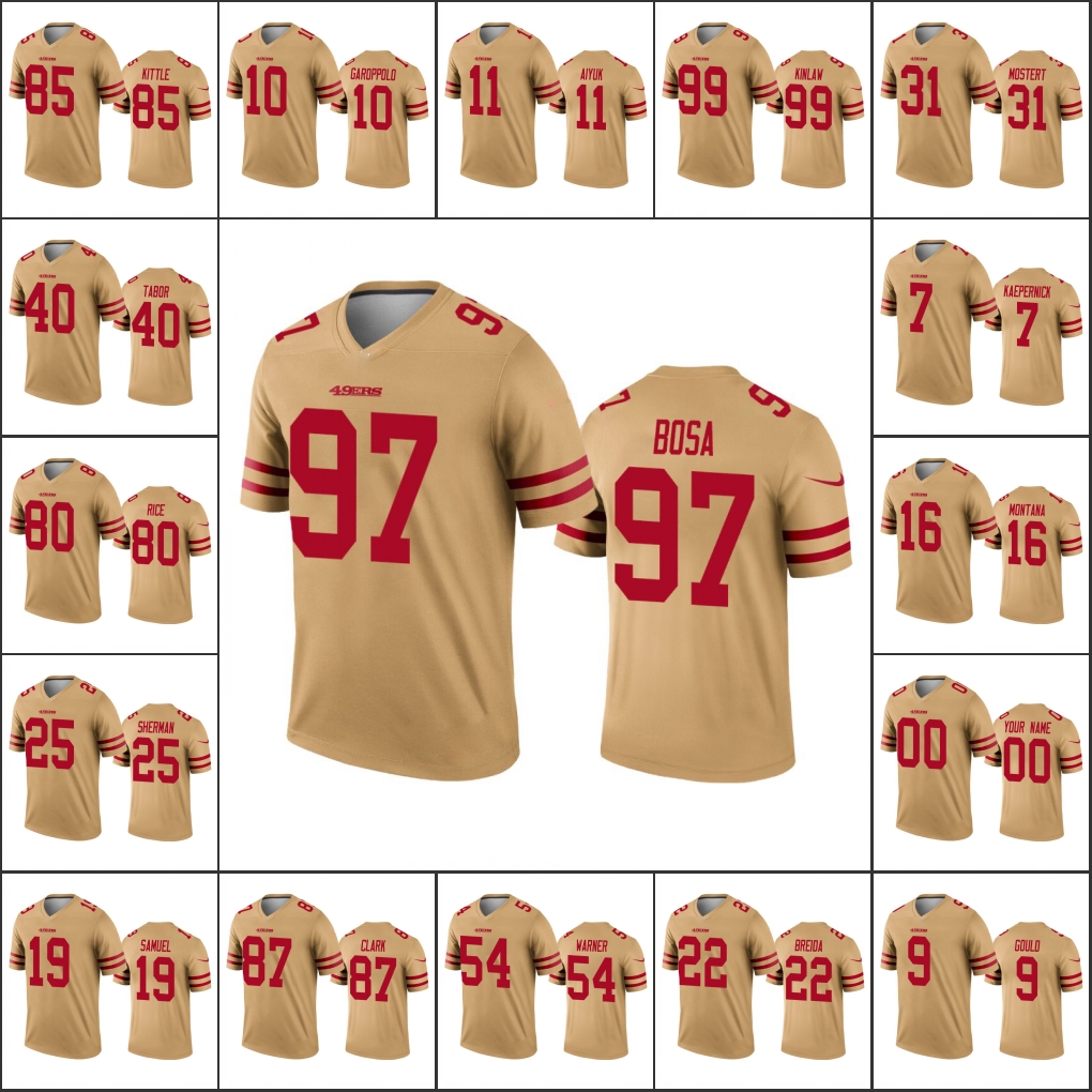 San Francisco49ersMen #10 Jimmy Garoppolo 11 Brandon Aiyuk 97 Nick Bosa Women Youth Gold Inverted Custom Legend Jersey, Black;red
San Francisco49ersMen #10 Jimmy Garoppolo 11 Brandon Aiyuk 97 Nick Bosa Women Youth Gold Inverted Custom Legend Jersey, Black;red