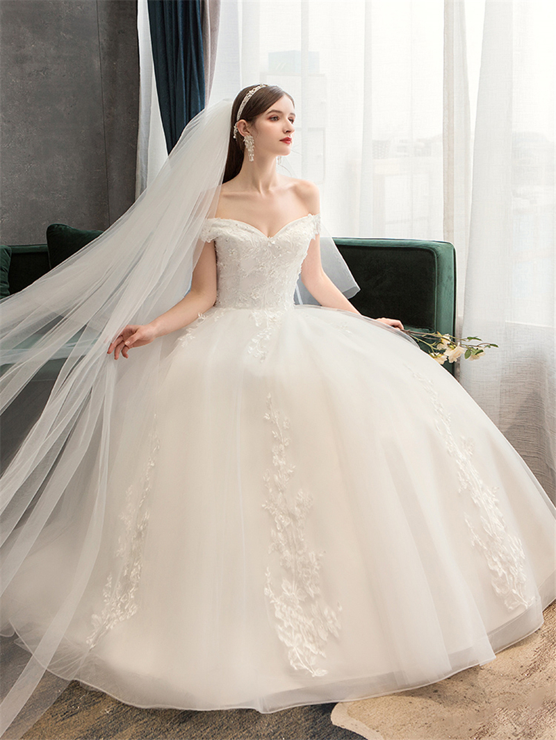 Plus Size Lace Flowers Peals Wedding Dresses Simple Elegant Wedding Gowns Bride Dress Boda robe de mariee Boat neck Off Shoulder