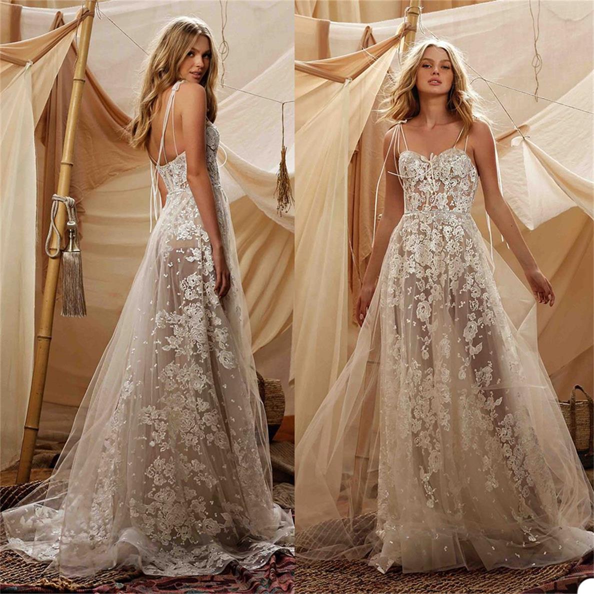 A-Line Wedding Dresses Appliqued Lace Wedding Gown Spaghetti Sleeveless Sweep Train Illusion Backless Vestidos De Novia