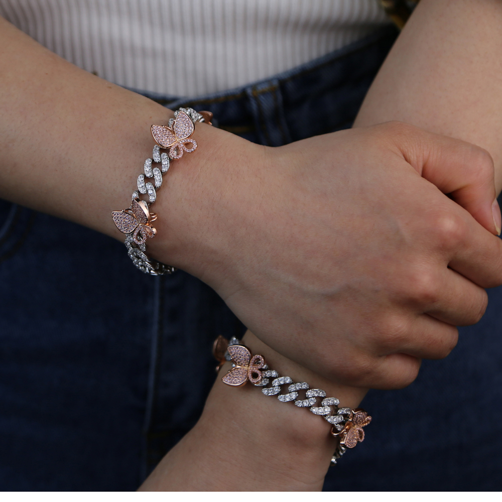 10mm Miami cuban link chain rose pink butterfly charm iced out CZ CUBAN women bracelet 17CM 19cm