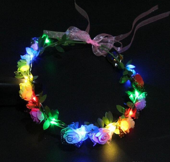 Flashing LED Glow Rose Crown Headbands Light Party Rave Floral Hair Garland Wreath Wedding Flower Girl Headpiece Decoration GD380