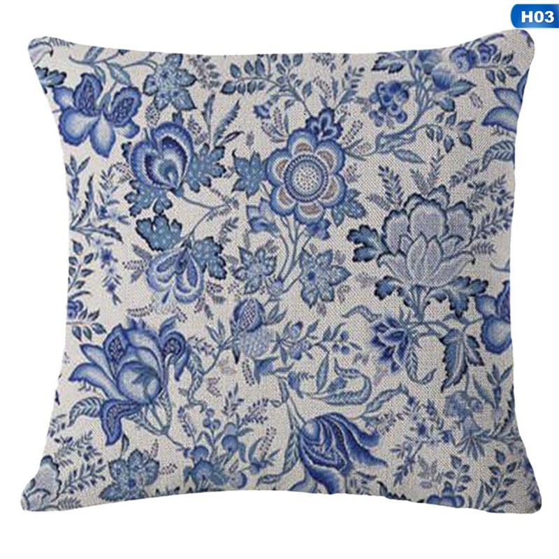 Cushion Covers Blue White Printed Linen Cushion Cover High Quality Sofa Bedding Vintage Decorative Throw Pillow Case