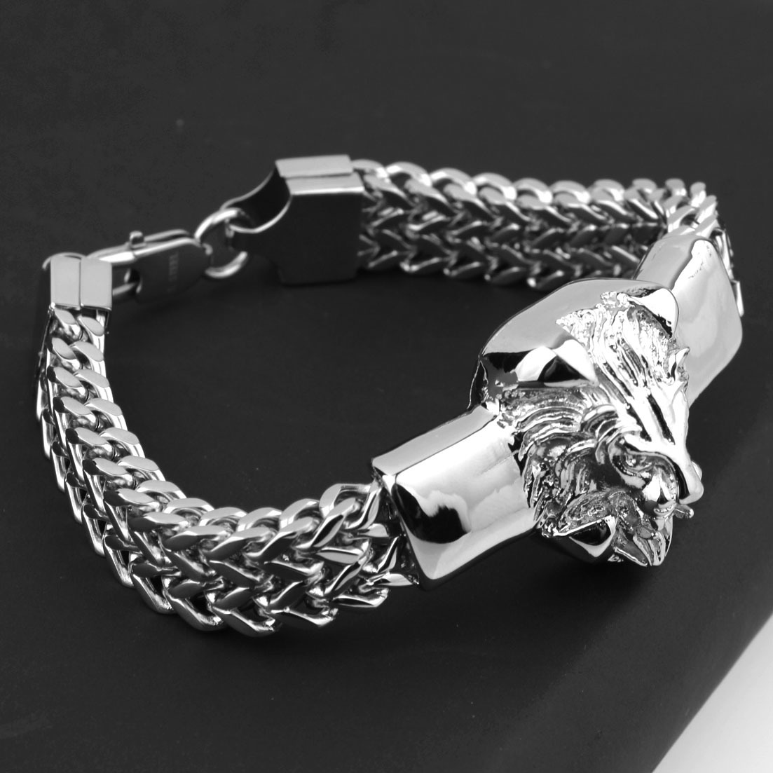 Punk Jewelry Figaro Chain Mens Bracelet Stainless Steel Silver Color/Gold Color Lion Head Bracelet Mens Cuff Bracelet 8.66 inch CX200724
