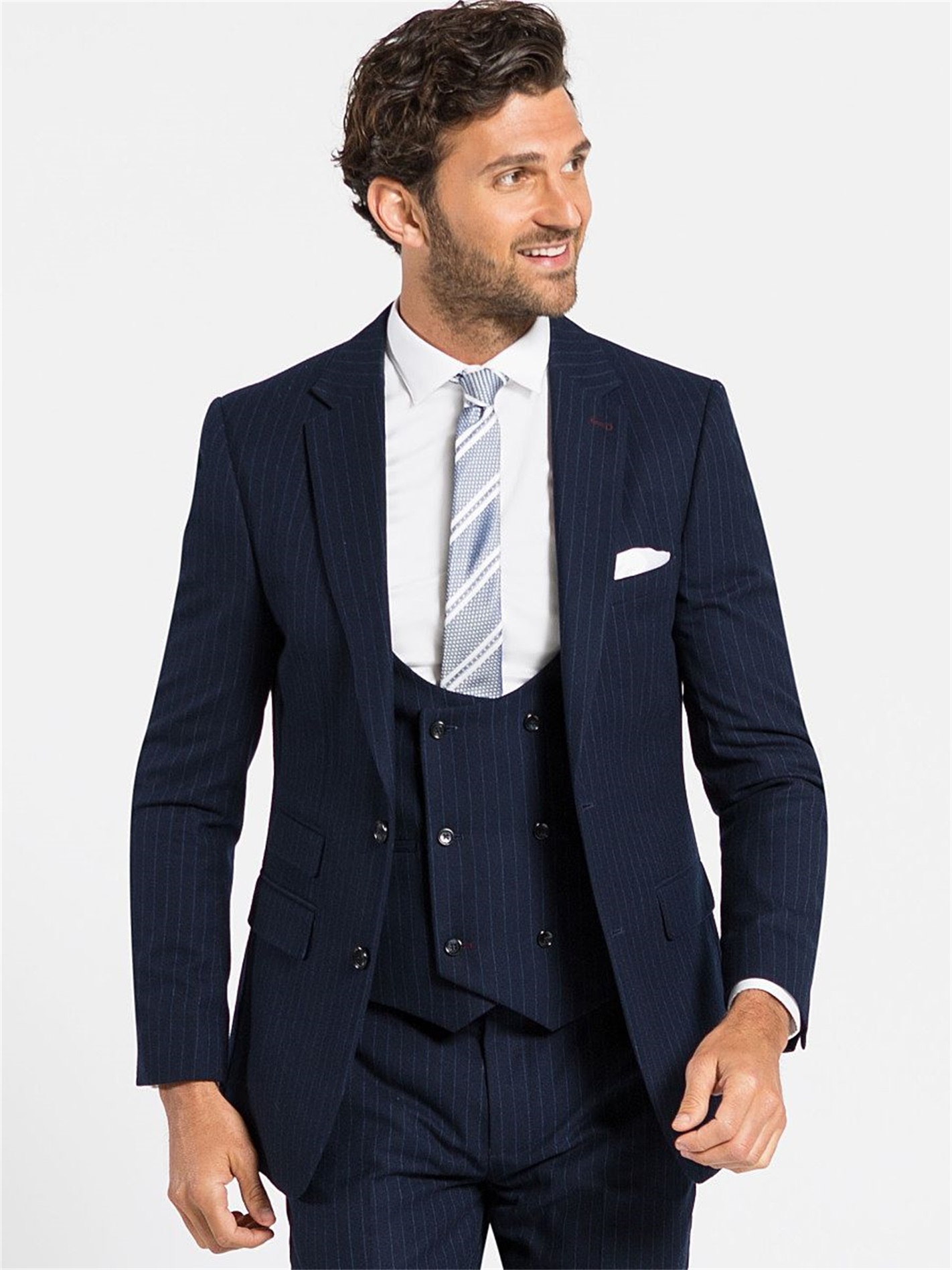 Plus Size Navy Pinstripe Wedding Tuxedos Double Breasted Peaked Lapel Groom Wear Party Prom Best Men Blazer Suit(Jacket+Vest+Pants)