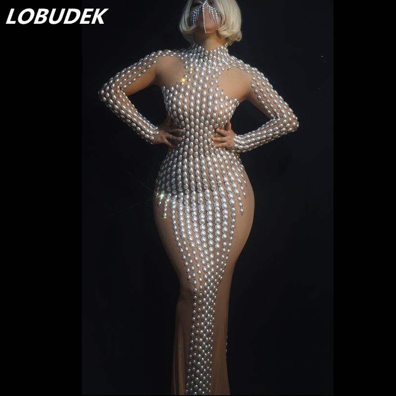 Evening Party Nightclub Concert Show Singer Dancer Pearls Transparent Mesh Long Dress Long Sleeve Stretch Skinny Dresses Female Costume, Picture color
Evening Party Nightclub Concert Show Singer Dancer Pearls Transparent Mesh Long Dress Long Sleeve Stretch Skinny Dresses Female Costume, Picture color