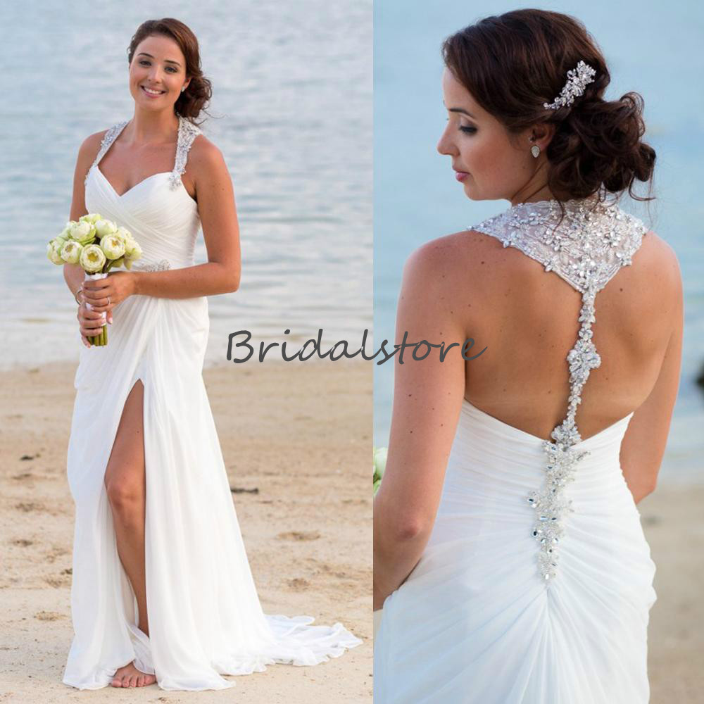 Sexy Long Beach Wedding Dresses With Slits Chiffon Country Style Boho Wedding Dress Backless Beaded Crystal Plus Size Wedding Gowns African