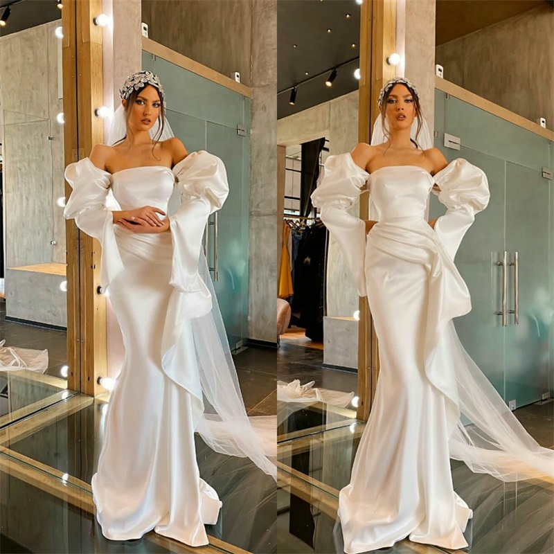 Sexy Mermaid Wedding Dresses Capped Sleeves Strapless Ruched Satin Garden Wedding Dress Generous Custom Made Long Robes De Mariée Cheap