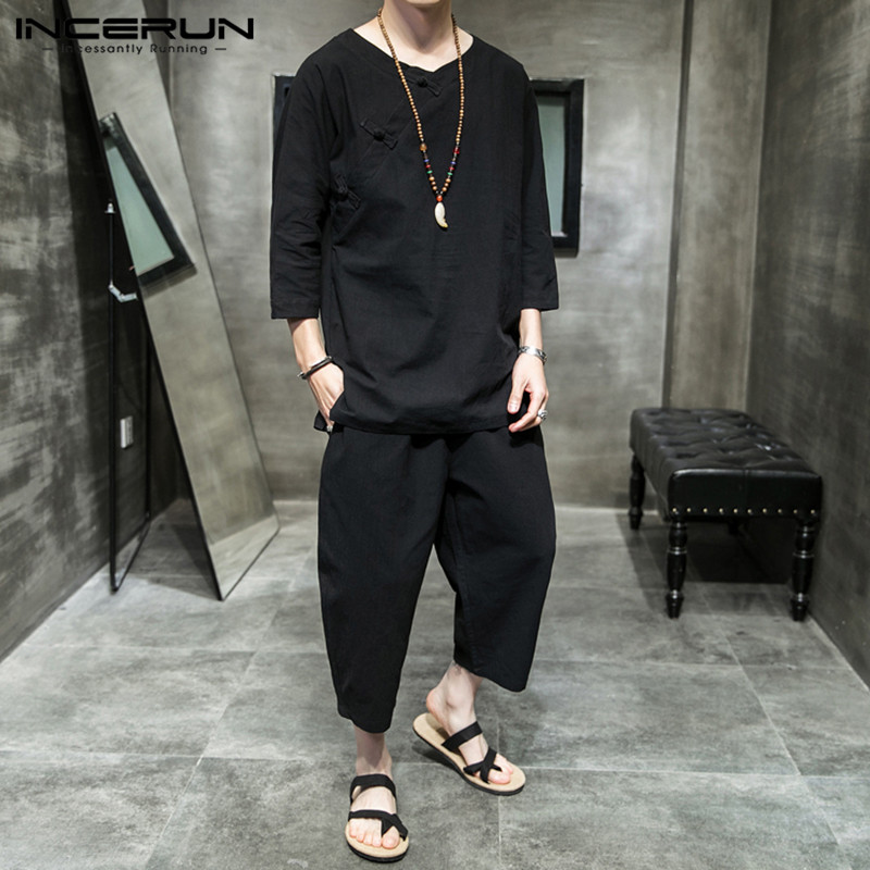 INCERUN Vintage Chinese Style Suits 3/4 Sleeve V Neck Blouse Casual Cropped Pants Men Leisure Solid Cotton Sets Buttons 2 Pieces, Black
INCERUN Vintage Chinese Style Suits 3/4 Sleeve V Neck Blouse Casual Cropped Pants Men Leisure Solid Cotton Sets Buttons 2 Pieces, Black