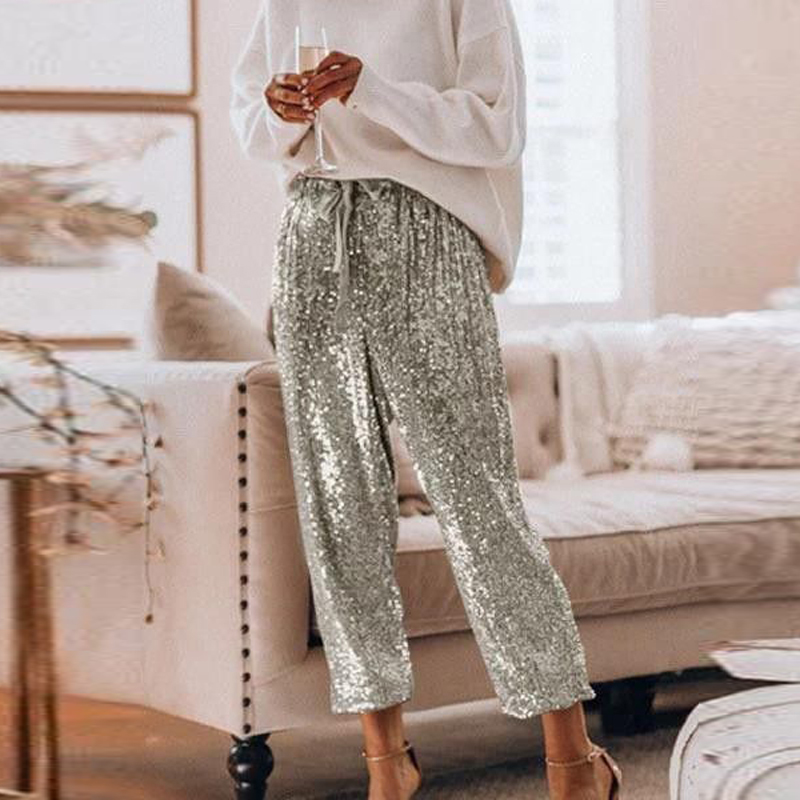 Sexy Sequined Glitter Shiny Long Pants Women 2020 Spring Casual Elastic Straight Sweatpants Lady Streetwear Loose Belt Trousers T200727