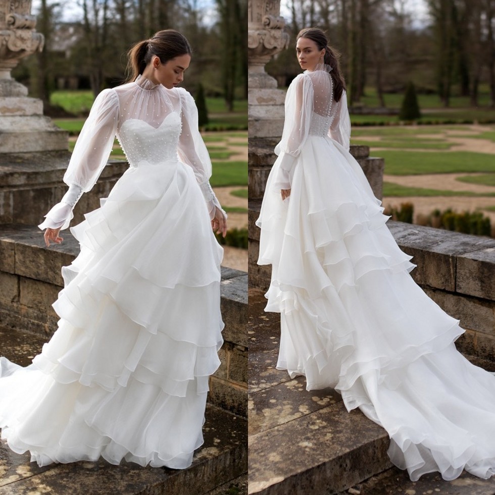 A Fashion E Beaded Wedding Dresses High Neck Long Sleeves Tiered Bridal Gowns Sweep Train Organza Robe De Mari E
