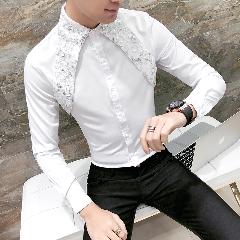 Hot Men Shirt Slim Fit Long Sleeve 2020 Spring Tuxedo Shirt Men Sexy Lace Patchwork Casual Party Dress Shirts Mens Black/W