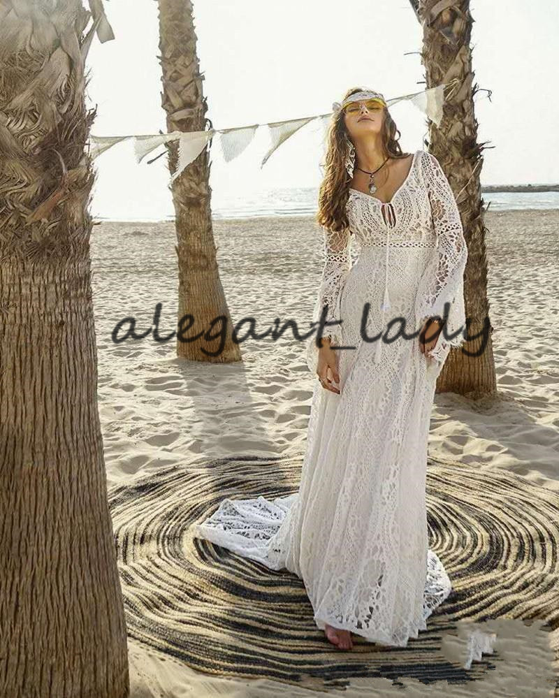 Vintage Crochet Lace Wedding Dresses with Long Sleeve 2023 V-neck Mermaid Hippie Western Country Cowgirl Bohemian Bride Gowns