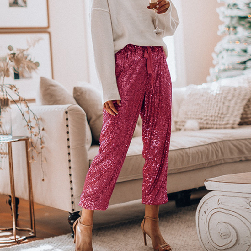 Sexy Sequined Glitter Shiny Long Pants Women 2020 Spring Casual Elastic Straight Sweatpants Lady Streetwear Loose Belt Trousers T200727