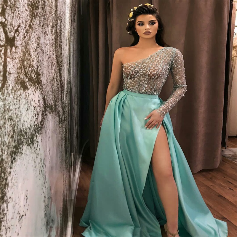 2020 Illusion Evening Dresses Sexy High-split Beaded Ruched Satin Prom Dress One-shoulder Sweep Train Custom Made Formal Long Evening Gown