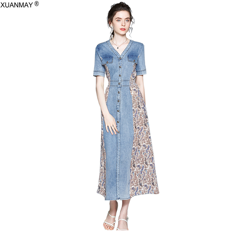 2021Summer Bohemia Denim Dress Elegant Chiffon Print pattern Super long denim Dress Job seekers Short sleeve Female, Navy blue
2021Summer Bohemia Denim Dress Elegant Chiffon Print pattern Super long denim Dress Job seekers Short sleeve Female, Navy blue