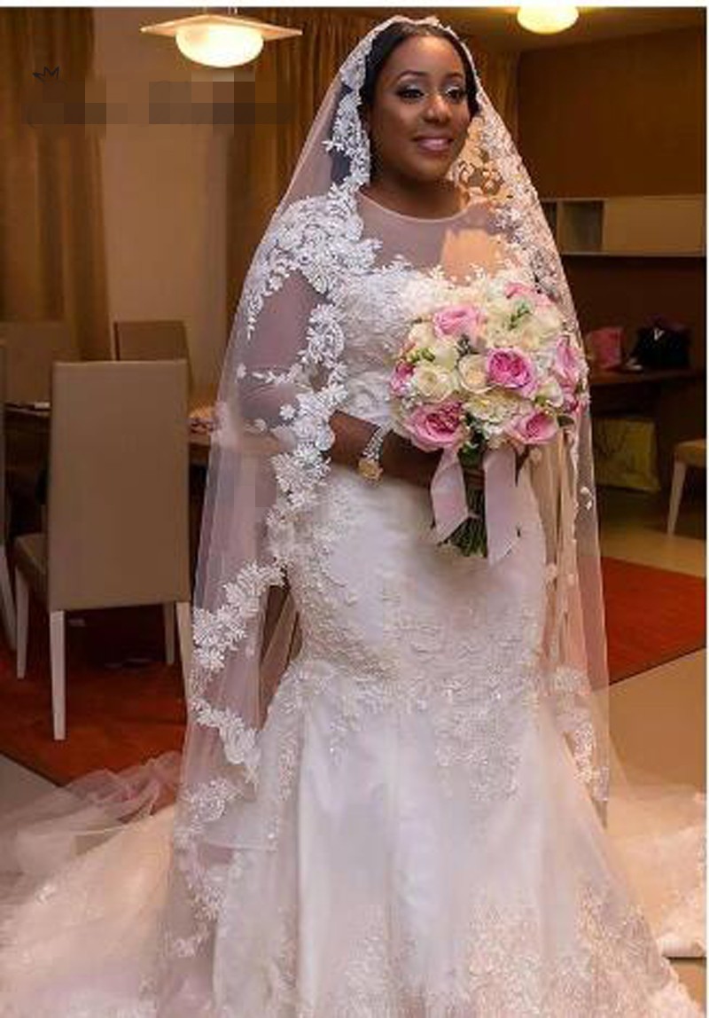 3/4 Sleeves Sheer Neck See Through Africa Mermaid Wedding Dresses 2020 Pure White Color Plus Size covered buttons Custom Made Wedding Gown