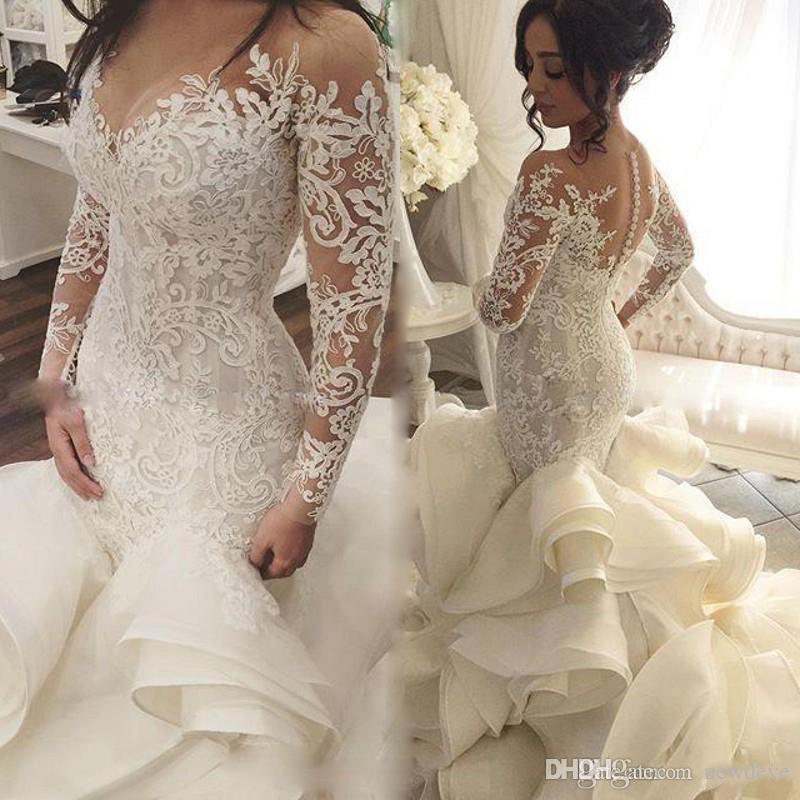See Through Mermaid Dresses For Weddings Lace Long Sleeve Backless Bridal Gowns Tiered Cascading Ruffles Vintage Wedding Dress, Pink
See Through Mermaid Dresses For Weddings Lace Long Sleeve Backless Bridal Gowns Tiered Cascading Ruffles Vintage Wedding Dress, Pink