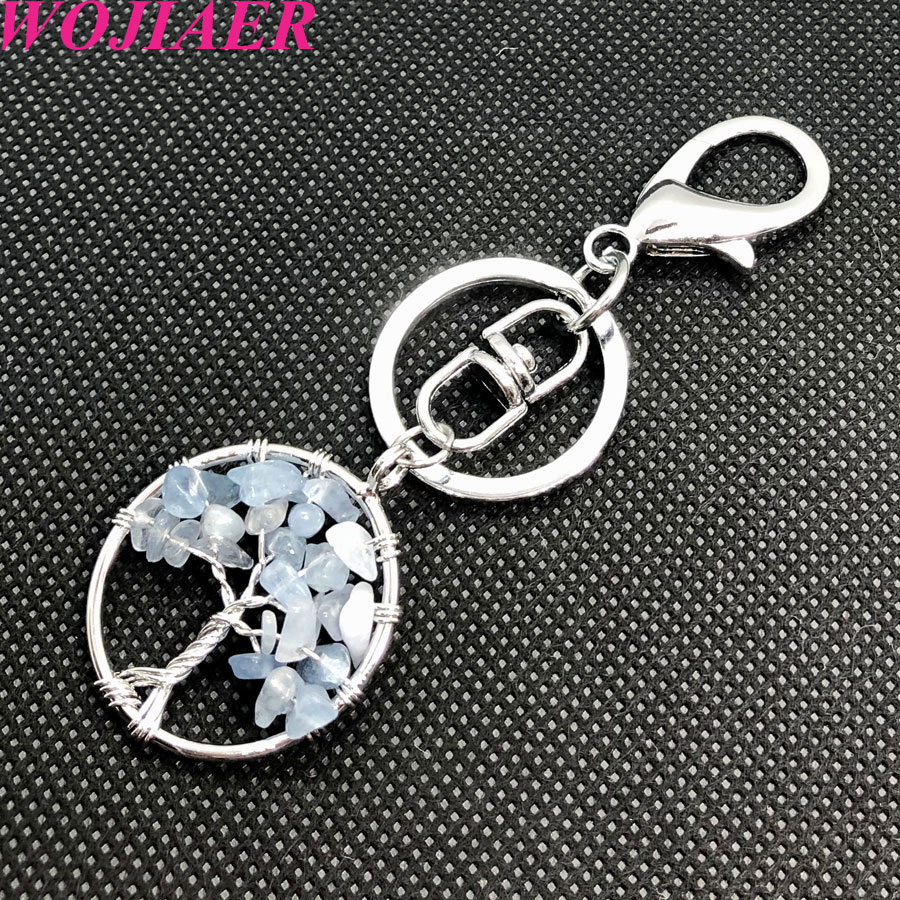 WOJIAER Natural Stone Clear Crystal Keychains Ring Key Handmade Holder Round Tree of Life for Women Car Bags Accessories BW911