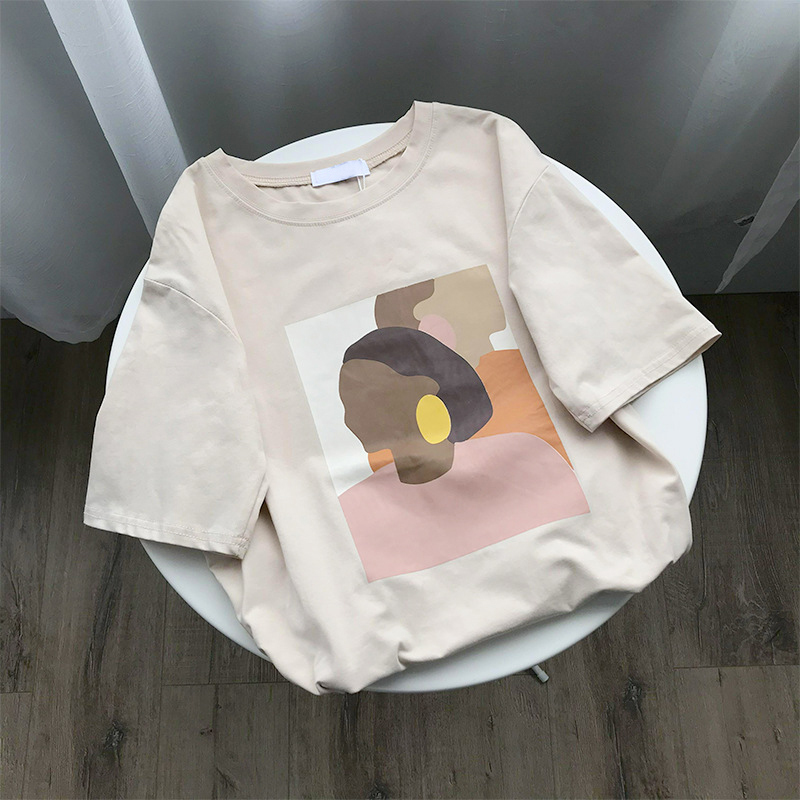 Fanco Vintage Abstract Painting Summer Women T Shirt Short Sleeved Korean Style Thin Round Neck Tee Shirt Tops MX200721