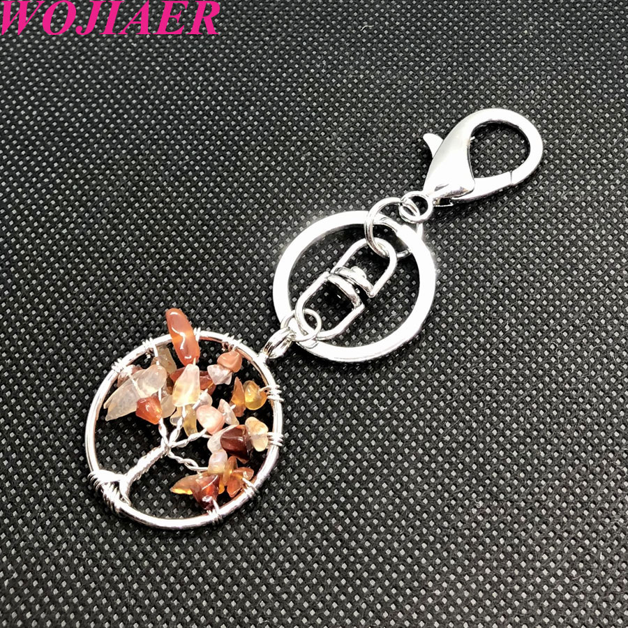 WOJIAER Natural Stone Clear Crystal Keychains Ring Key Handmade Holder Round Tree of Life for Women Car Bags Accessories BW911