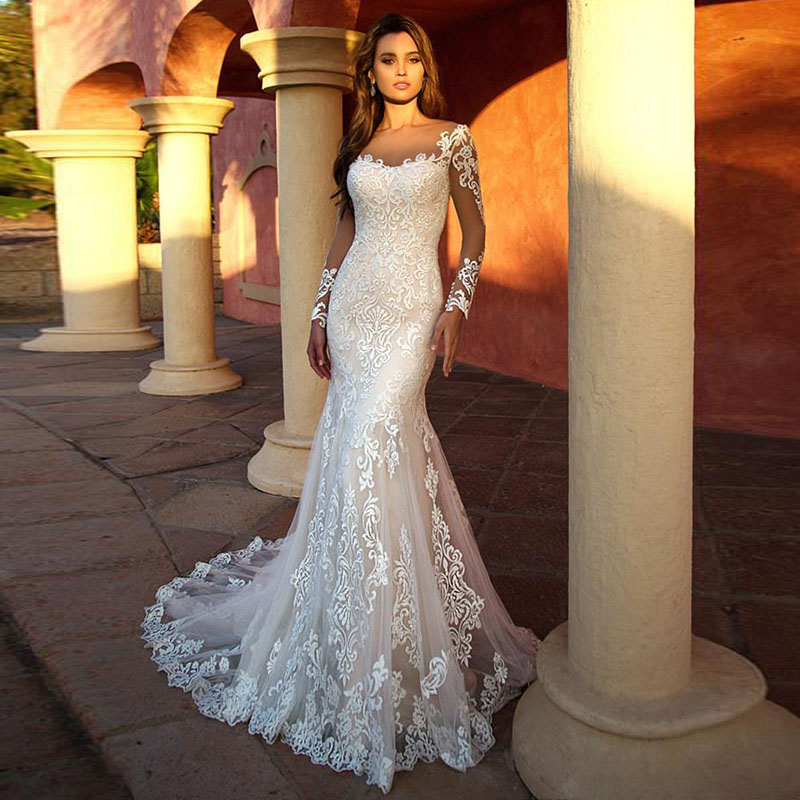 Sexy Mermaid Wedding Dresses Sheer Neck Long Sleeves Appliqued Lace Bride Dress Illusion Wedding Gowns robe de mariee