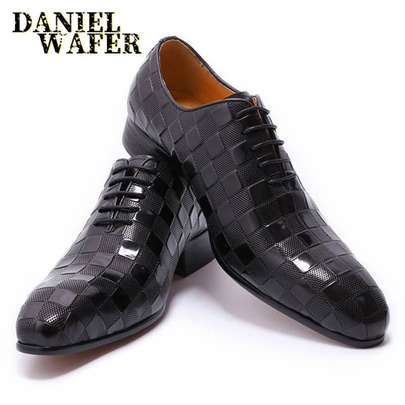 LUXURY ITALIAN LEATHER SHOES MEN NEW FASHION PLAID PRINTS LACE UP BLACK BROWN WEDDING OFFICE SHOES FORMAL OXFORD SHOES FOR MEN CX200731