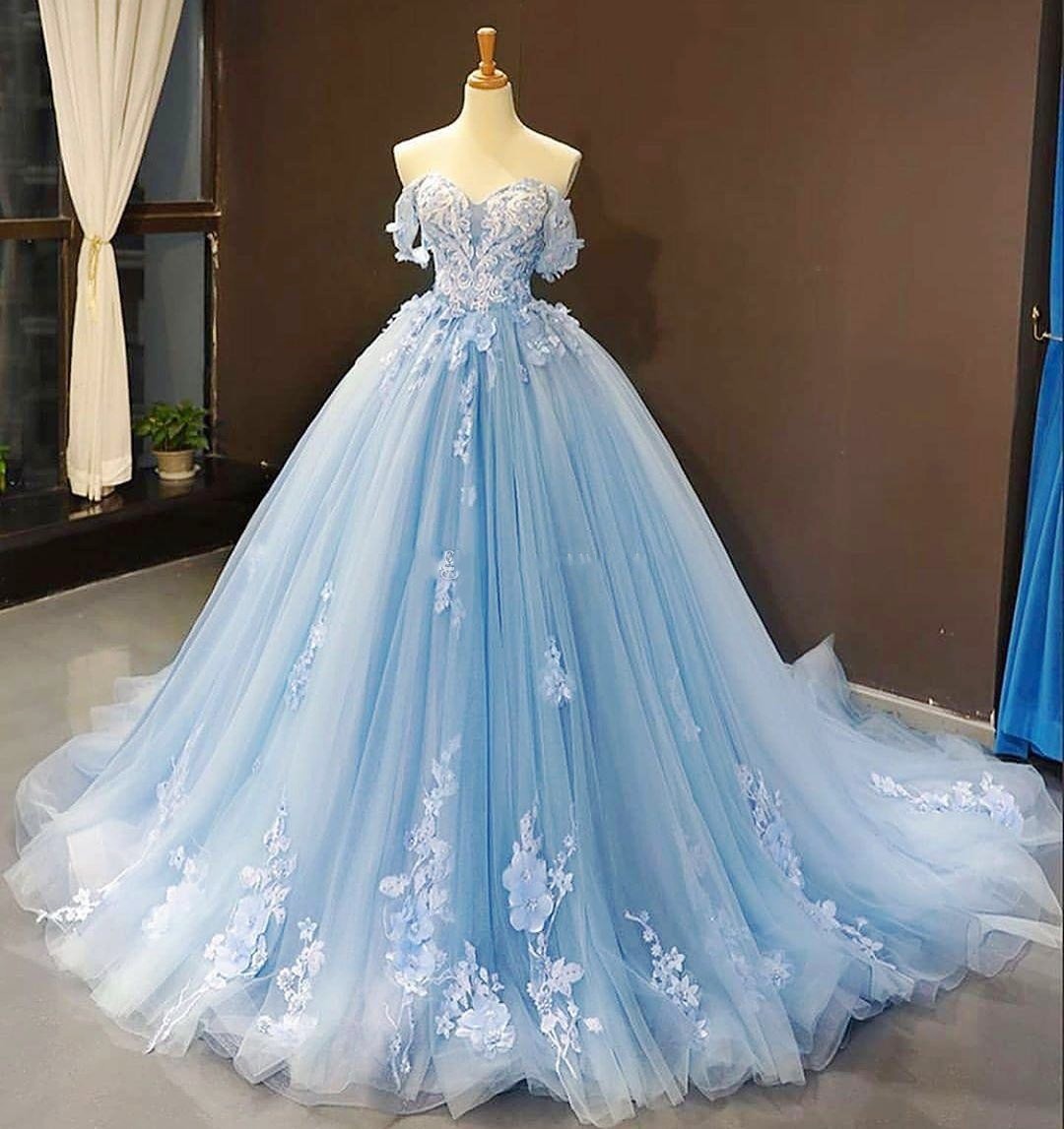 Light Sky Blue Beaded Quinceanera Dresses Off The Shoulder Lace Appliqued Prom Dress Tulle Lace Up Back princess Evening Gowns