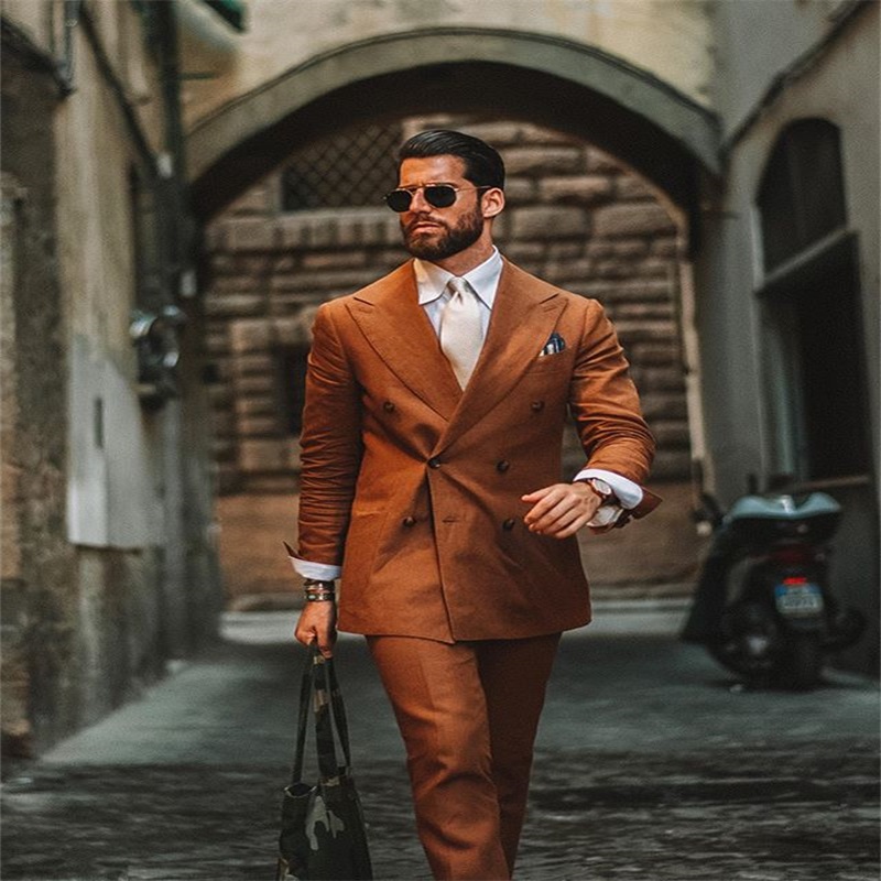 2piece redbrown casual double breasted men suits custom made fit slim tuxedos party formal business peaked lapel blazer suits