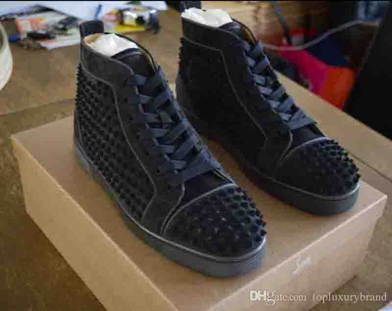 Super Quality Red Bottom Sneakers Men's Women's Shoes Orlato Flat Veau Velours Floque Grey Studded Suede Genuine Leather Spikes Sneakers, Black
Super Quality Red Bottom Sneakers Men's Women's Shoes Orlato Flat Veau Velours Floque Grey Studded Suede Genuine Leather Spikes Sneakers, Black