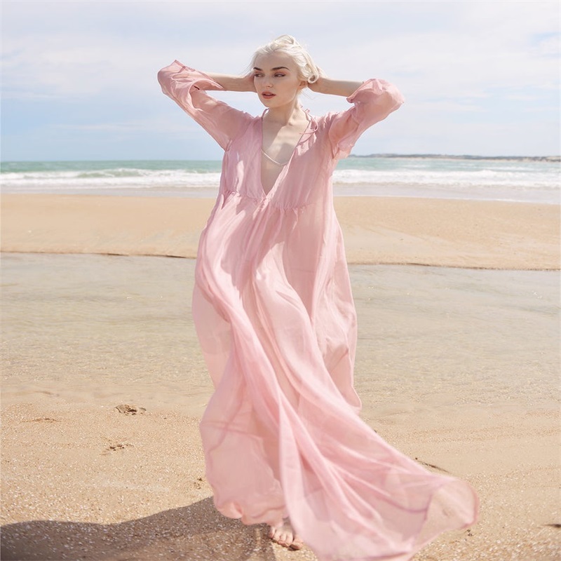 pink chiffon wedding robes vneck long sleeve sexy backless pajamas sleepwear anklelength custom made nightgown for women cheap