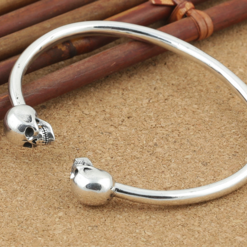 925 sterling silver handmade jewelry antique silver American European designer skull bangle bracelets for men punk style free shipping