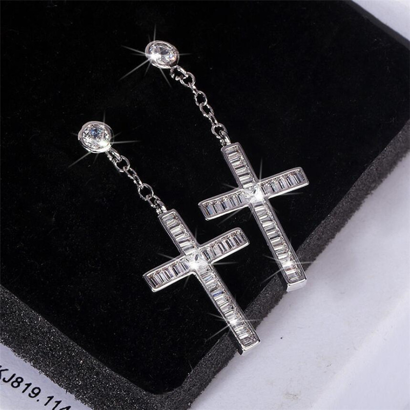 2024 Sparkg Cross Dangle Earrings: Sterg Sier, Princess Cut White Topaz, Jewelry Gift for Women