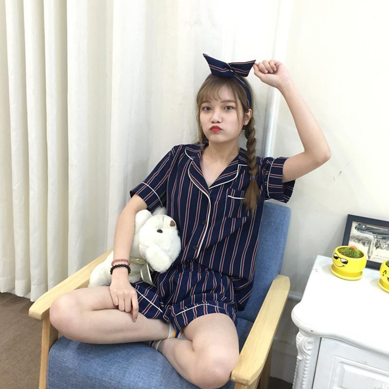 3PCS/Set Women Casual Nightdress Sleepwear Vertical Stripe Short-sleeved Pajamas + Shorts + Hair Band Home Wear Ladies Underwear Y200708