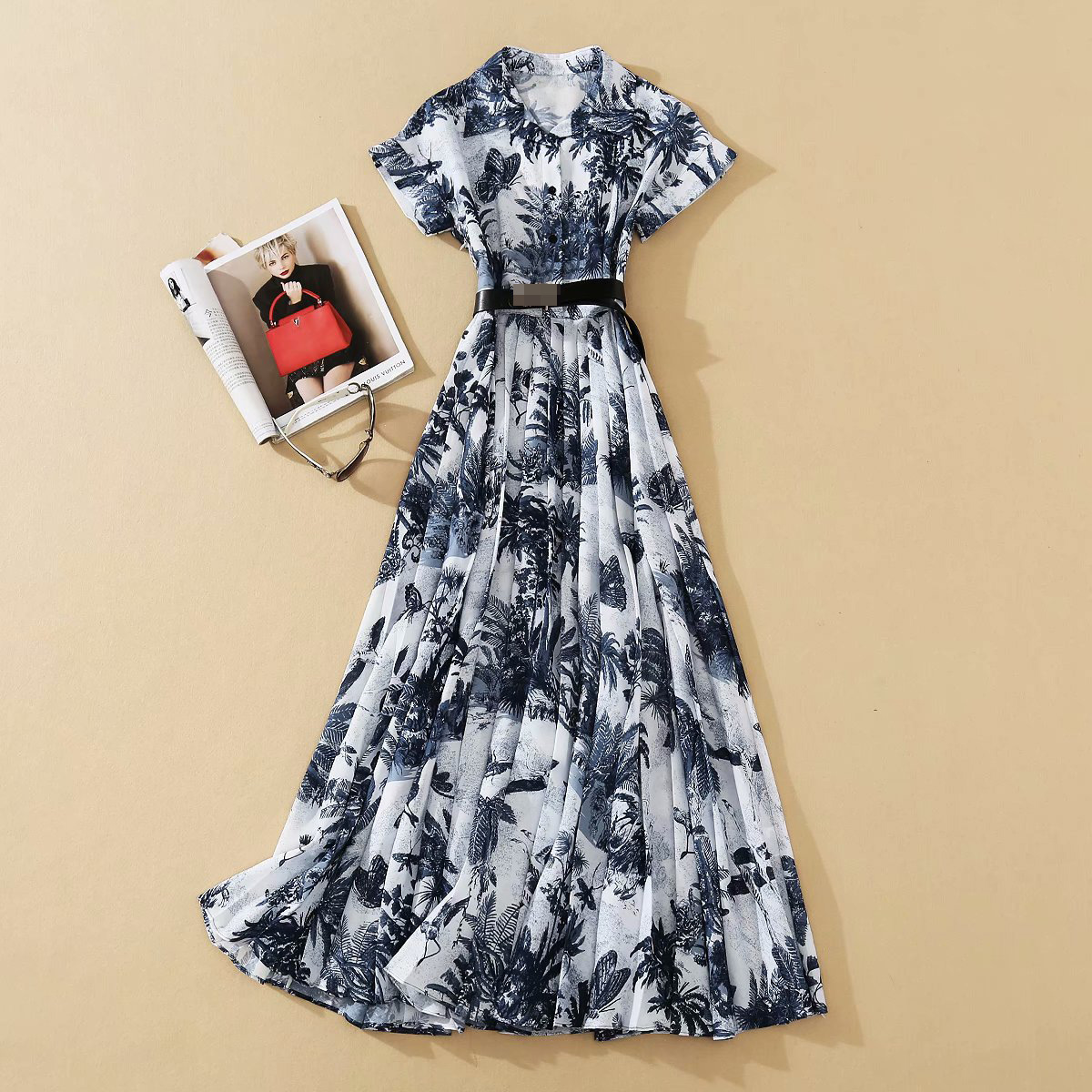 European and American high-quality catwalk style ink print embossed dress, Customize
European and American high-quality catwalk style ink print embossed dress, Customize