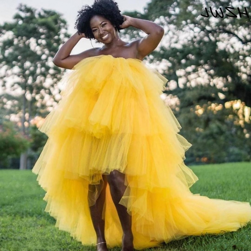 African Yellow Prom Dresses Plus Size Strapless High Low Tiered Ball Gown Evening Dress Black Girls Dubai Cocktail party Gowns Vestidos