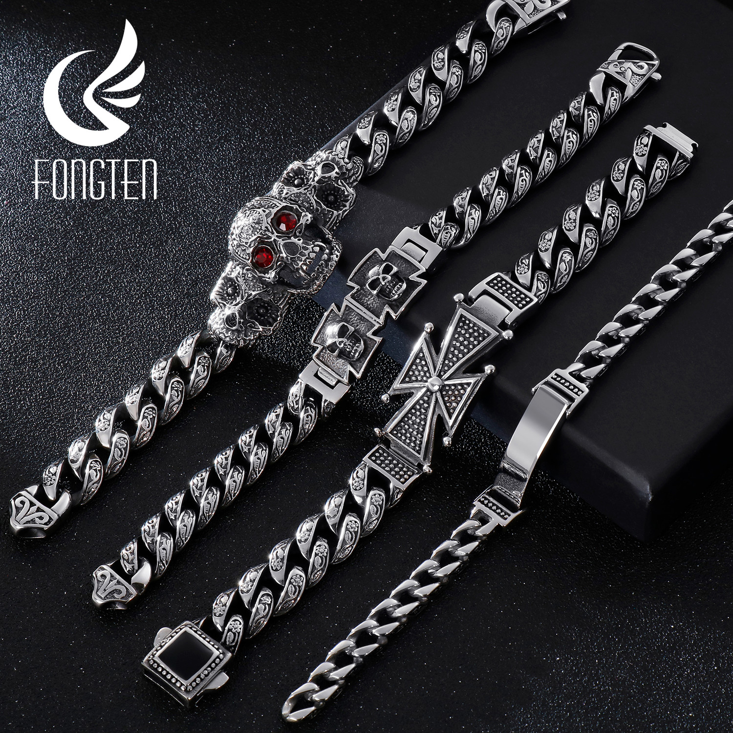 Fongten Skull Cross Curb Men's Bracelet Vintage Black Cuban Chain Stainless Steel Skeleton Male Bracelets Bangle Jewelry CX200724