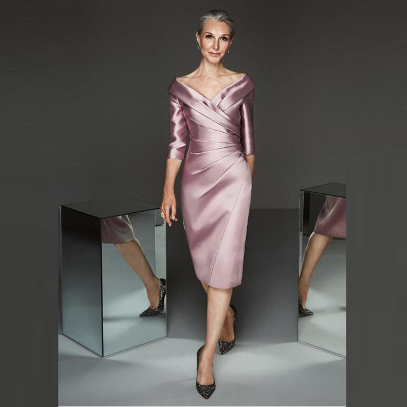 Simple Modern Sheath Lilac Satin Plunge V Neckline Mother Dresses Knee Length Mother of the Groom Gowns Three Quarter Sleeve