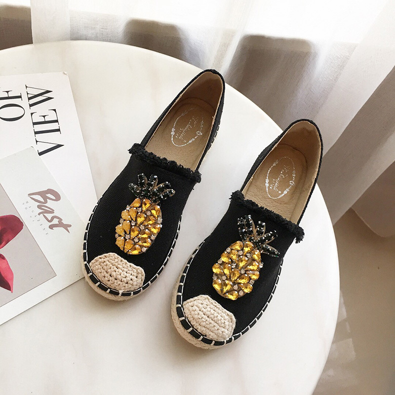 2019 New Women Espadrilles Flats Crystal Pineapple Hemp Fisherman Ladies Fashion Rhinestone Loafers Slip On Single Shoes S CX200722