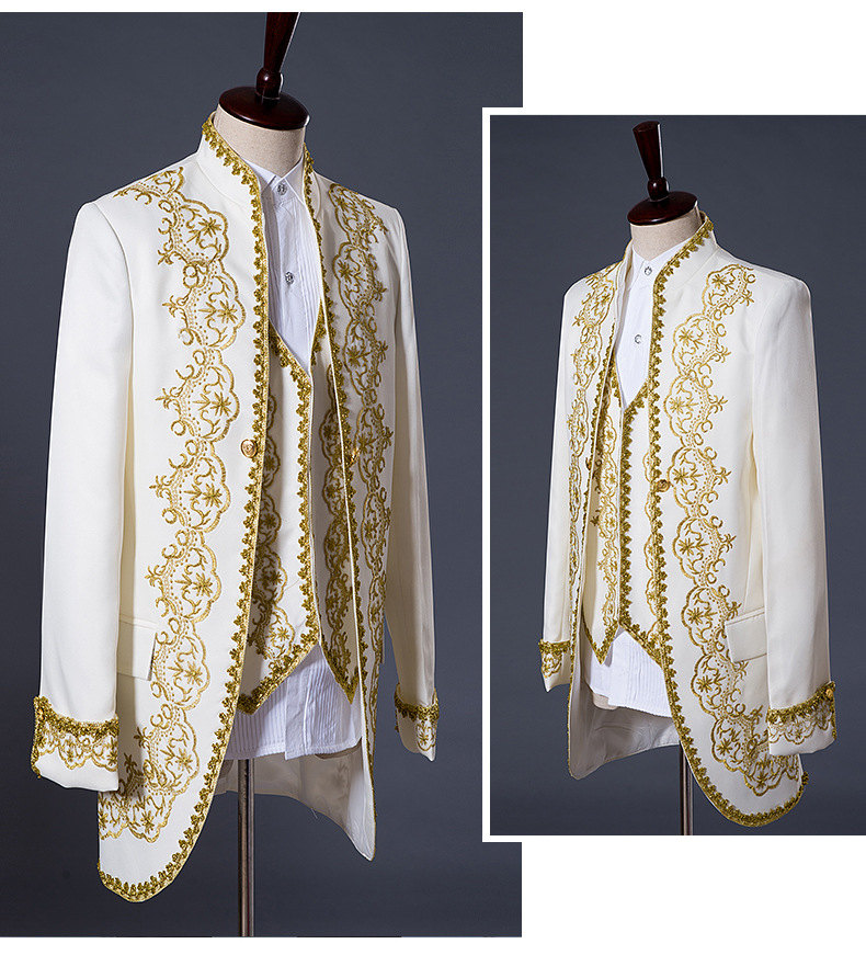 Royal Vintage Fashion New Court Men Suit Opera Drama Performance European Earl Gold Appliqued Men Long Coat Party Wear
