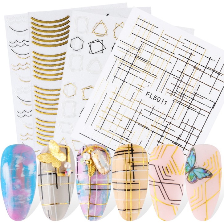 Gold Lines Nail Art Stickers Set Self-Adhesive Stickers Geometric Super Thin Gold Line Irregular Shape DIY Nail Decoration, Black
Gold Lines Nail Art Stickers Set Self-Adhesive Stickers Geometric Super Thin Gold Line Irregular Shape DIY Nail Decoration, Black