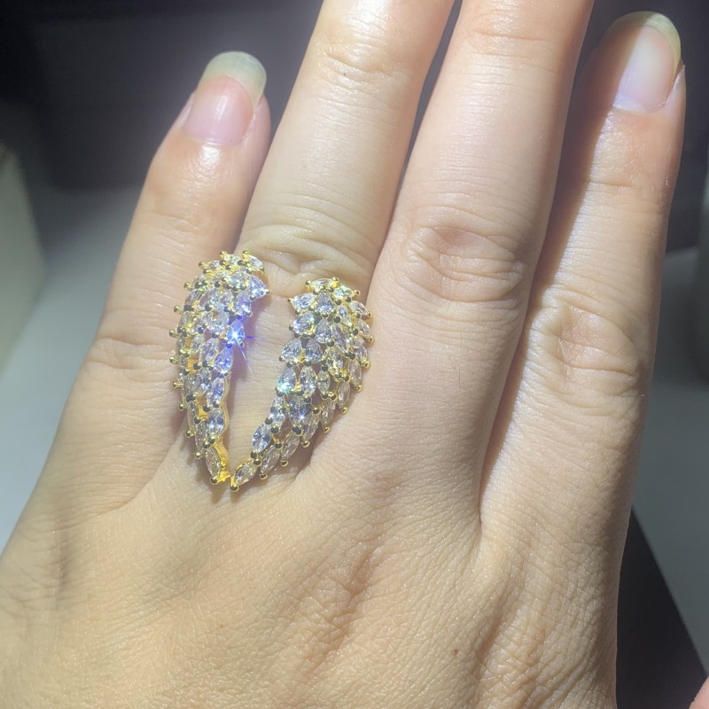 54PCS CZ New Arrival Top Sell Sparkling Luxury Jewelry Real 925 Sterling Silver&Gold Fill Angle Wing Ring Open Adjustable Women Wedding Ring