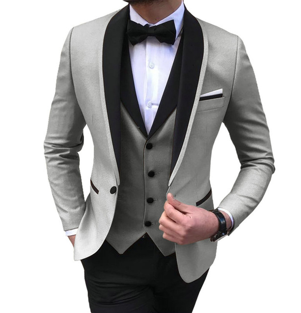 Champagne Mens Suits 3 Piece Black Shawl Lapel Casual Tuxedos for Wedding Groomsmen Suits Men (Blazer+Vest+Pant)
