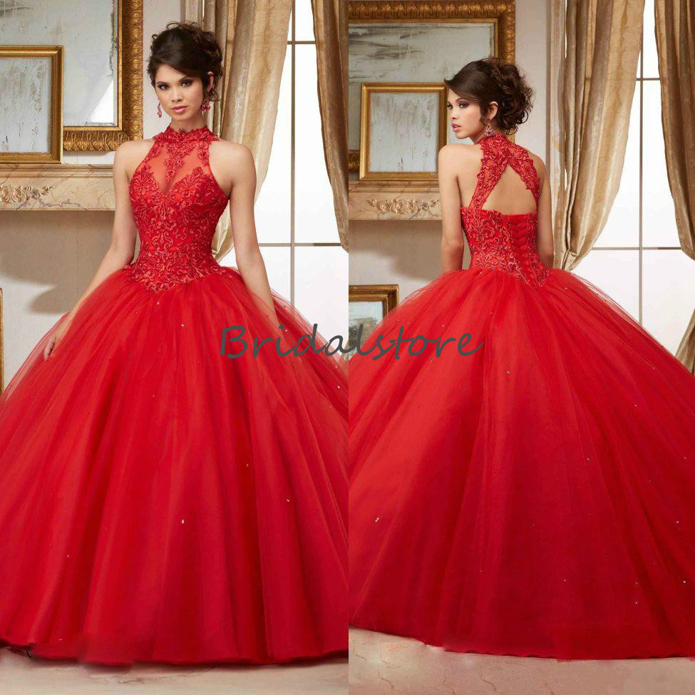 Sexy Red Quinceanera Dresses High Neck Lace Appliques Ball Gown Prom Party Gowns 2020 Open Back Corset Brithday Sweet 16 Dress 2020
