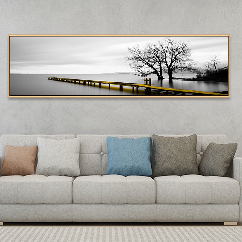 Calm Lake Surface Long Yellow Bridge Scene Black White Canvas Paintings Poster Prints Wall Art Pictures Living Room Home Decor