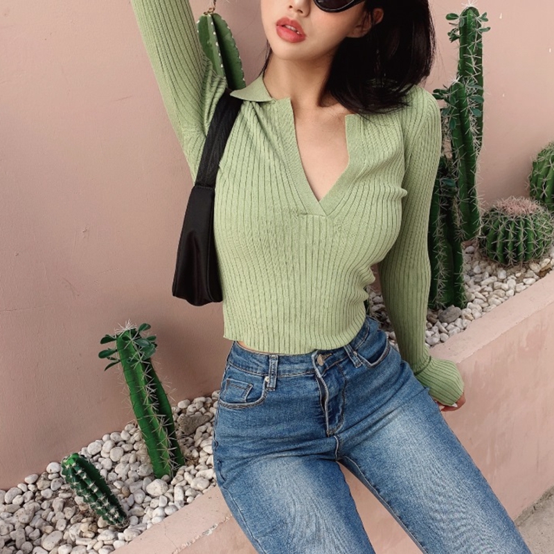 Fall ladies polo shirt women long sleeve crop top white solid cropped polo shirts mujer sexy t shirts Korean streetwear MX200721