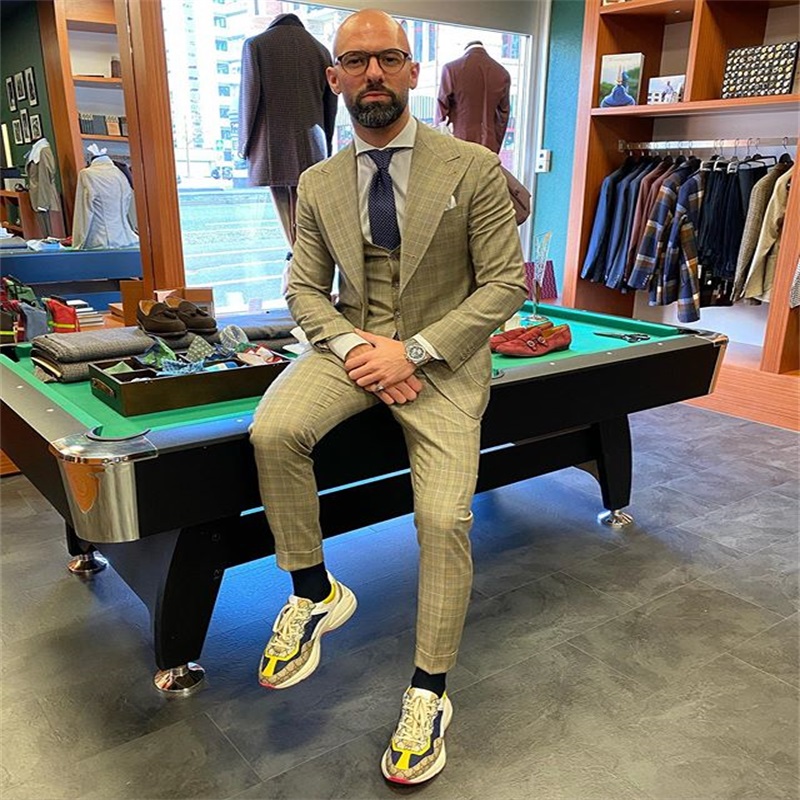 Newest 3-piece(Coat+Vest+ Pant) Beige Glen Plaid Wedding Suits Custom Made Men Suits Tuxedos Peaked Lapel Blazer Party Formal Business Suit