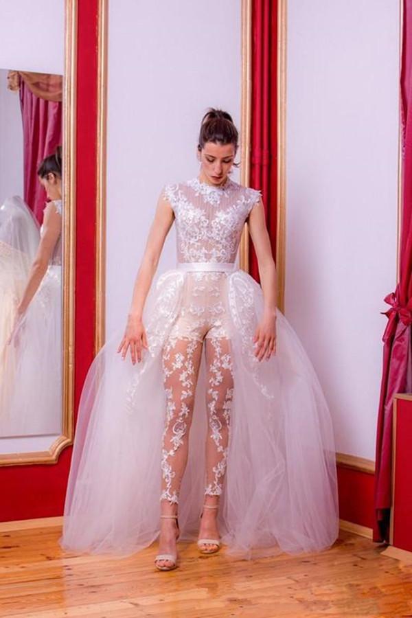 See Through Lace Jumpsuit Bridal Wedding Dress With Detachable Train Jewel Neck Beach Wedding Gowns Pant Suit robe de mariée