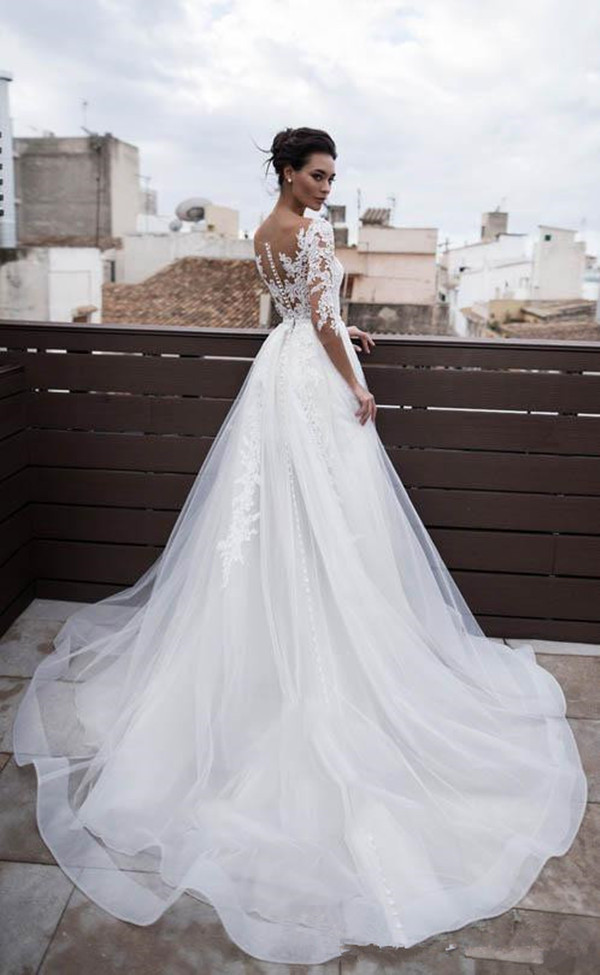 Two Pieces Short Wedding Dresses with Detachable Train 2020 Illusion Long Sleeve Lace Applique Beach Bohemian Bride Gown