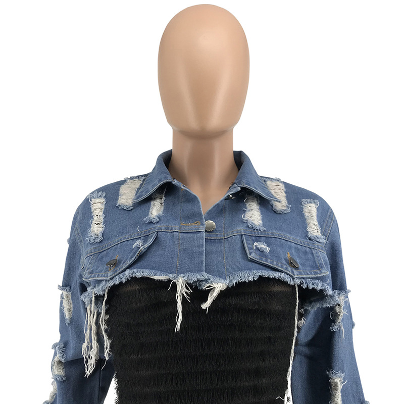 Tassel Ripped Cropped Jean Jacket Women Autumn hole Long Sleeve Denim Jacket Streetwear Short Denim Coat Female Outwear3980141