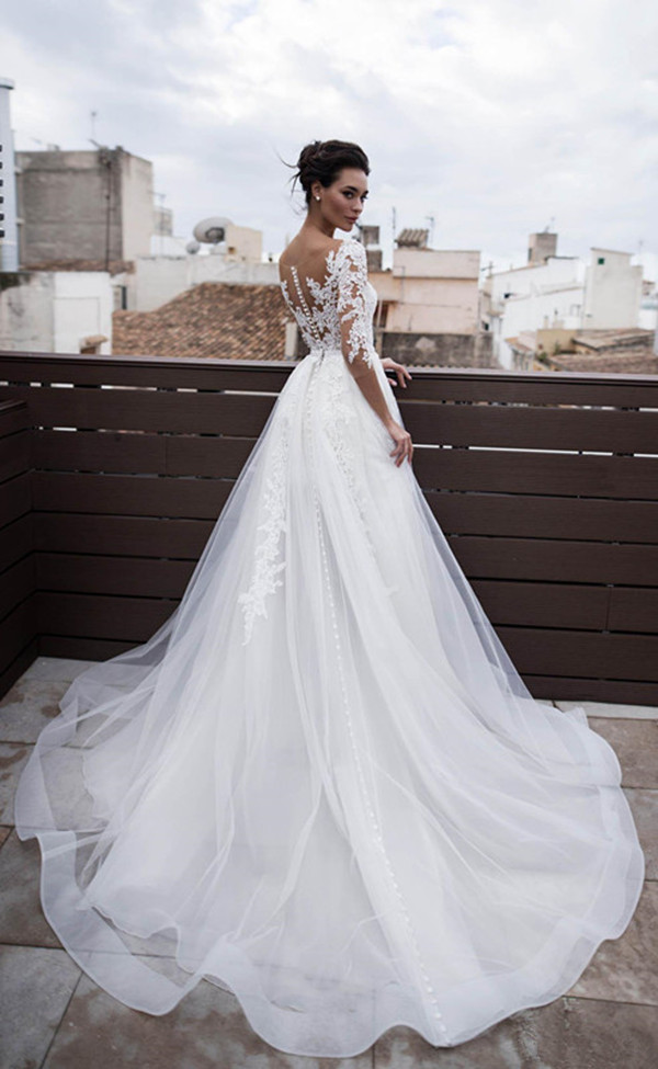 Two Pieces Short Wedding Dresses with Detachable Train 2020 Illusion Long Sleeve Lace Applique Beach Bohemian Bride Gown